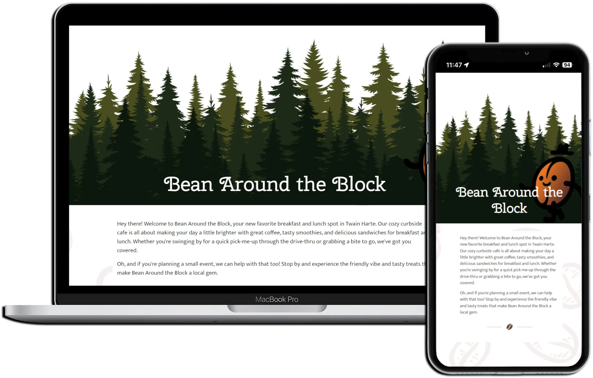 Image of a website on both mobile and desktop created for Bean Around the Block.