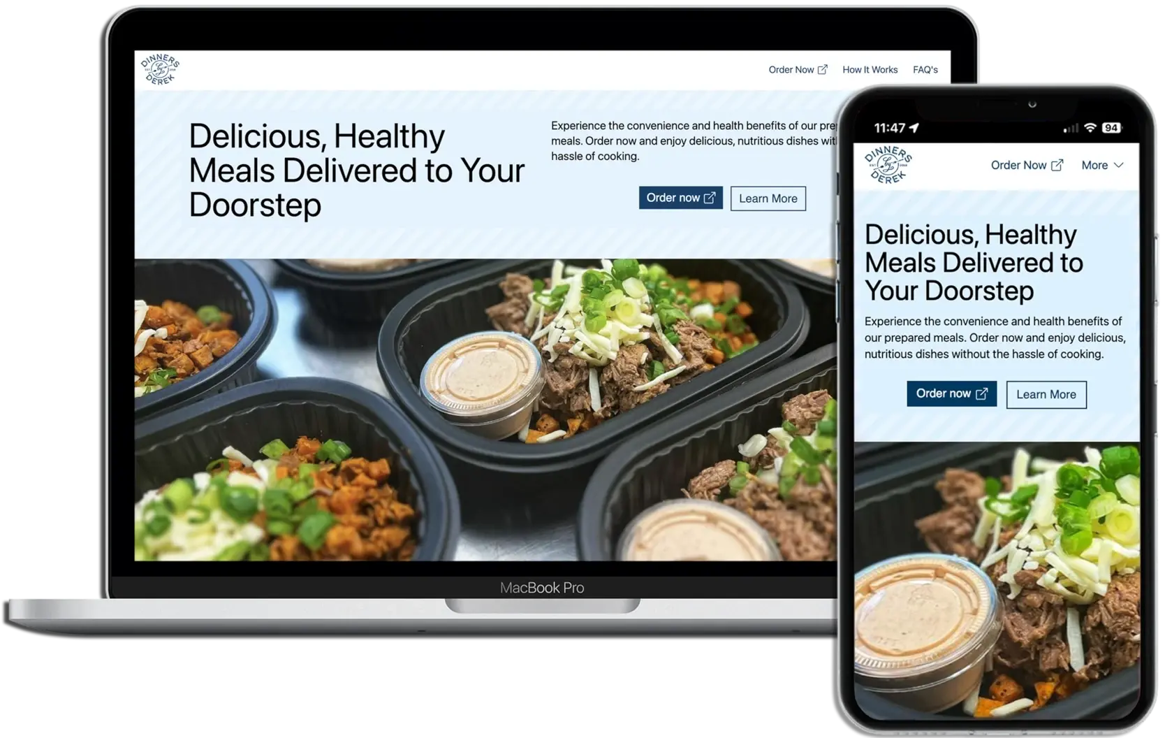 Image of a website on both mobile and desktop created for Dinners By Derek.