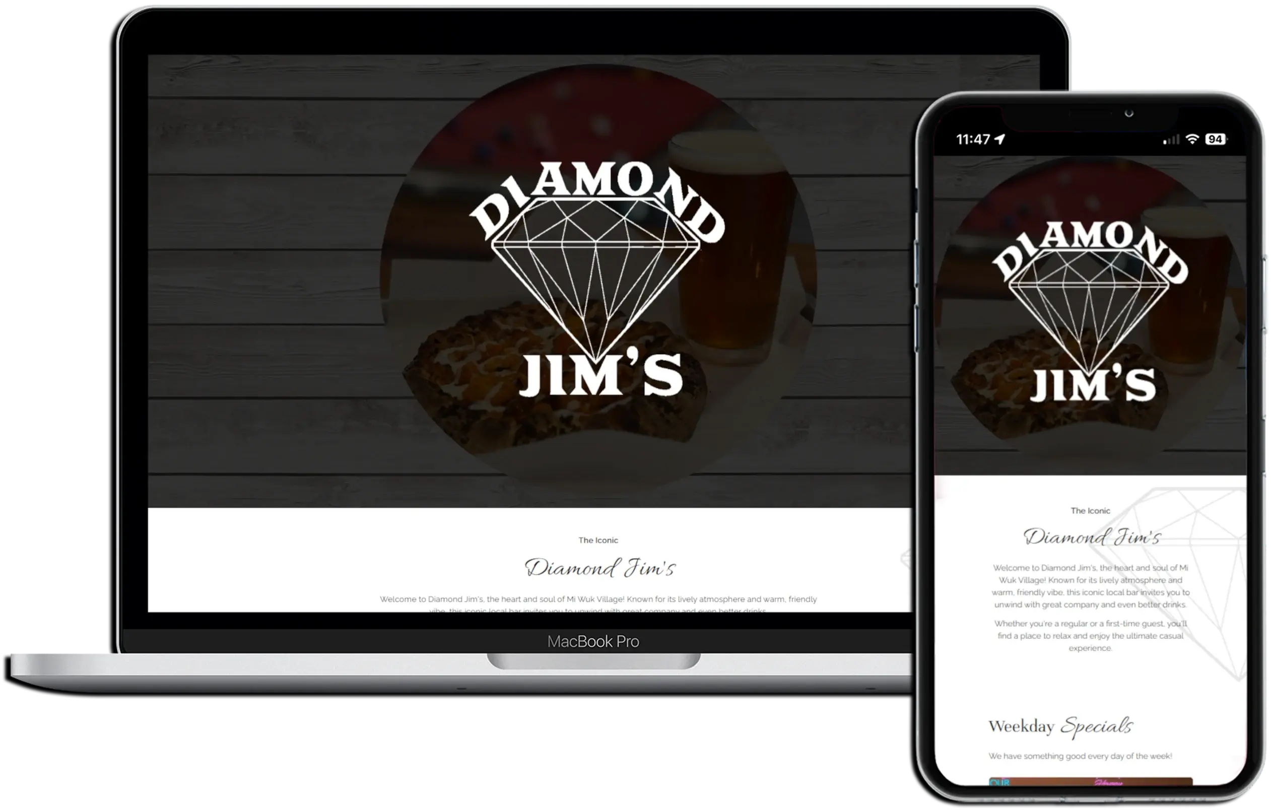 Image of a website on both mobile and desktop created for Diamond Jim's.