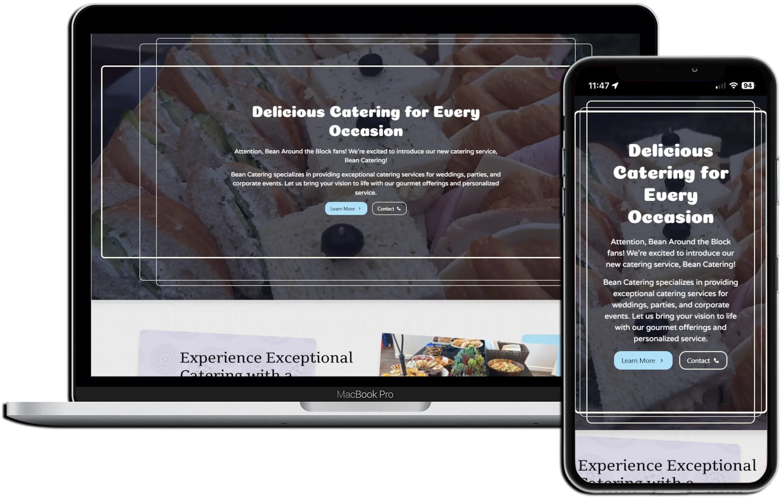 Image of a website on both mobile and desktop created for Bean Catering.