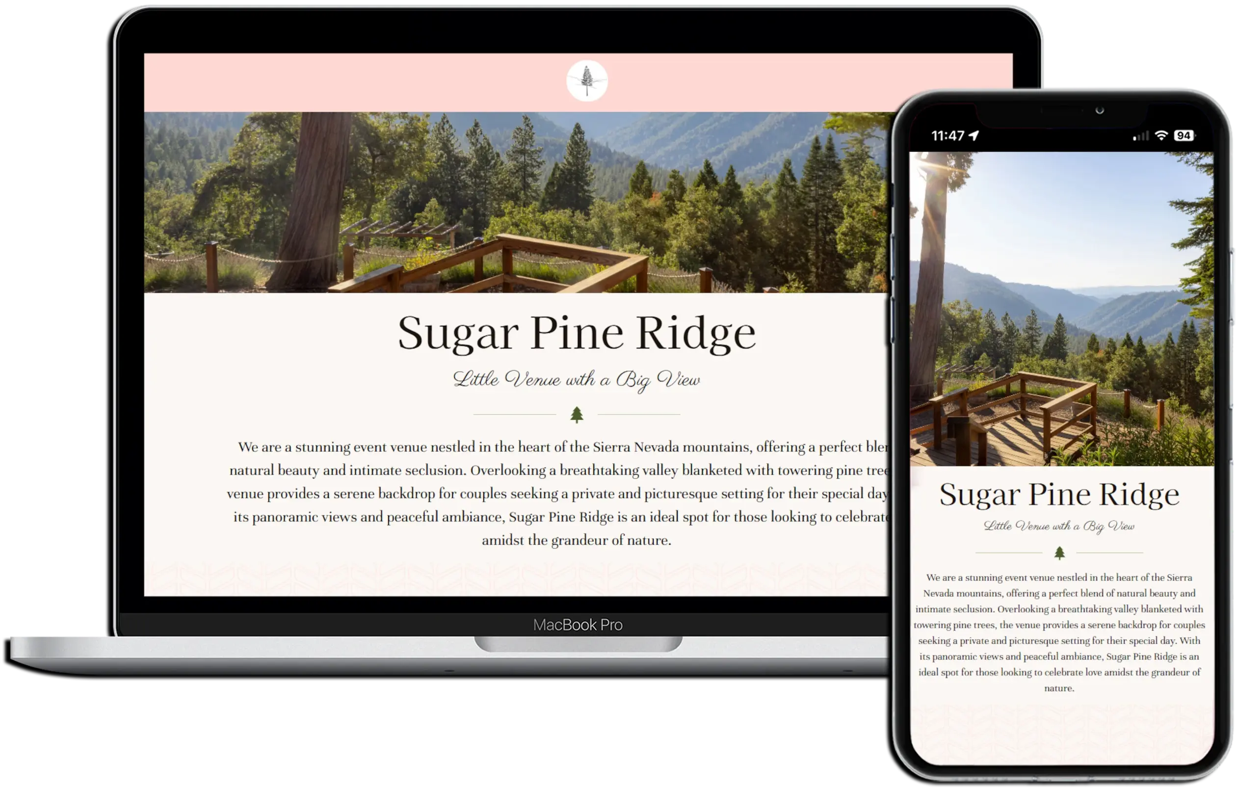 Image of a website on both mobile and desktop created for Sugar Pine Ridge.